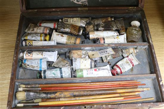 Frank Brangwyn, the artists paint box with a palette group of paints and brushes, the box painted inside with a sketch of two nudes 38